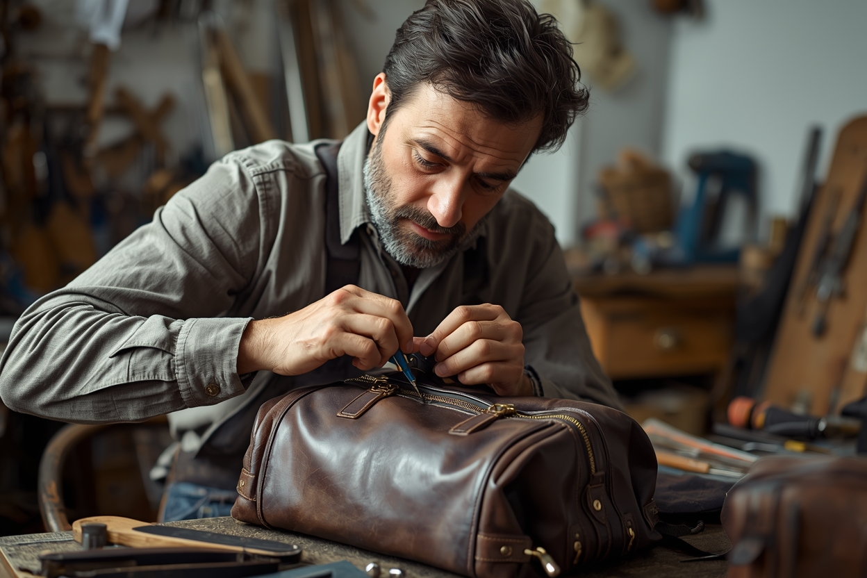Meșteșugar lucrând la repararea unei genți premium